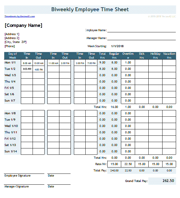 contoh template timesheet / time sheet pekerja shift harian yang dibuat secara biweekly / 2 mingguan.