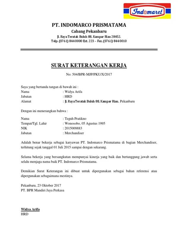Contoh Surat Keterangan Kerja Karyawan Toko Swalayan